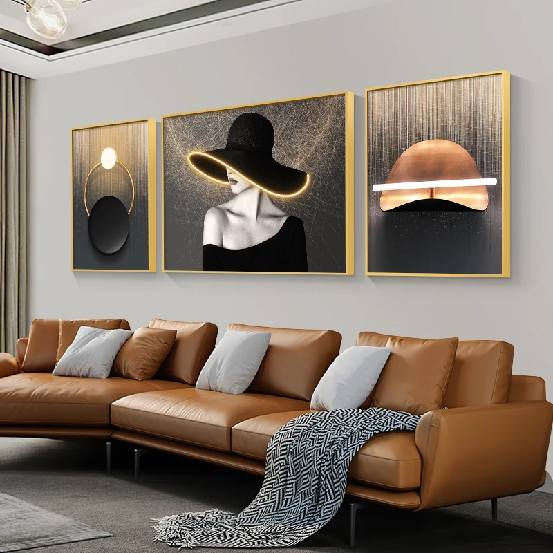 #Living Room Decoration Painting LED Lighting Mural Luxury Figure Triptych Painting Hanging Painting