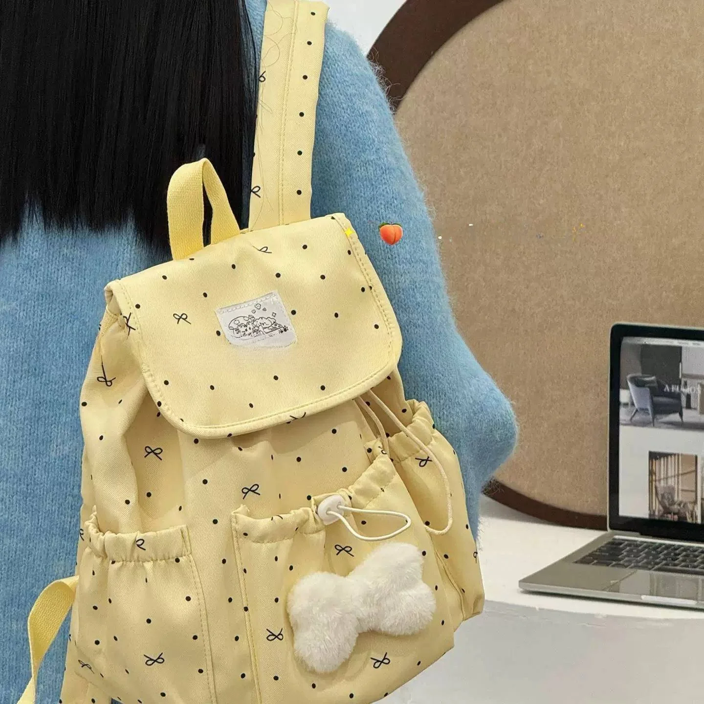 Simple Drawstring Polka Dot  Knot Backpack Commuter Travel Women's College Student Small Bookbag Sweet Cool Style