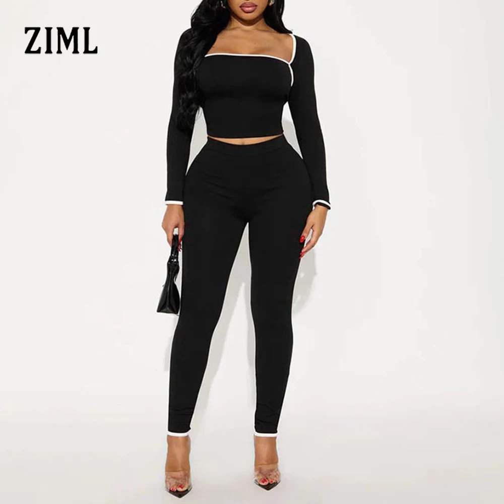 

ZIML для похудения, хит цвета, сексуальные комплекты из двух предметов для женщин, топ с квадратным воротником и длинными рукавами, брюки с высокой талией, дизайнерский комплект, женская мода