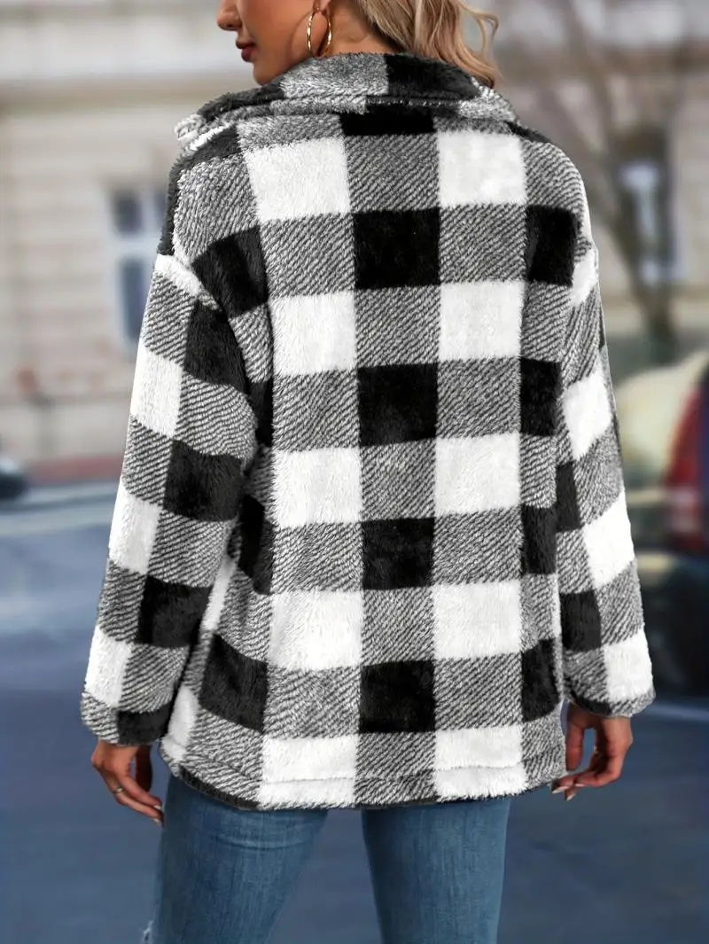 Vintage Jacket for Women Coat Winter Outerwear Button Chequer Streetwear Fashion Pocketed Outfit Korean Autumn Female Clothes