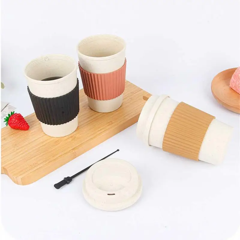 450ML Coffee Cups With Lids Wheat Straw Reusable Portable Coffee Cup Dishwasher Safe Coffee Mug Coffee Tea Travel Cups