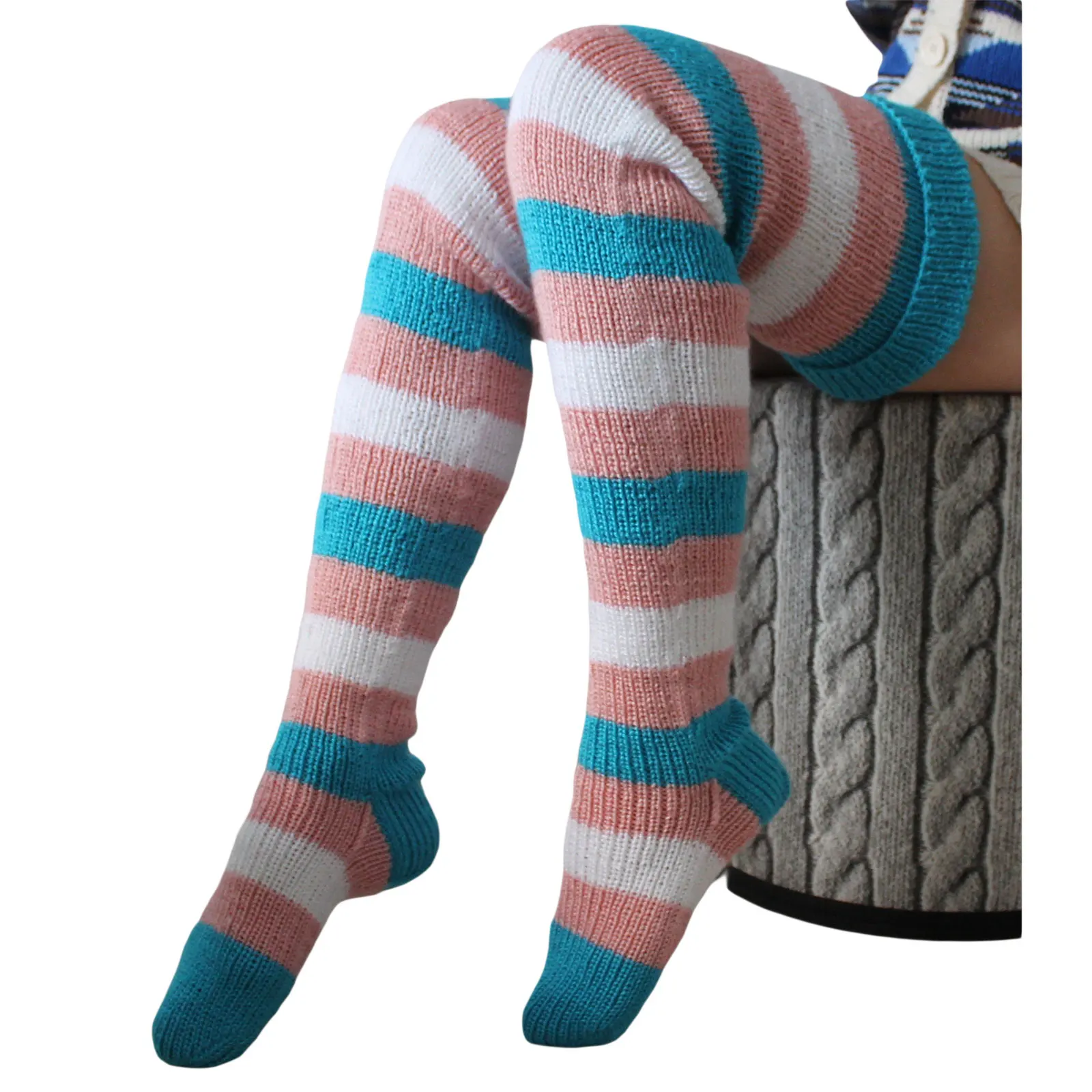 High Quality Ladies Knitted Stocking Adults Women Winter Leisure Style Mixed Color Stripes Knee-high Socks Long Stockings