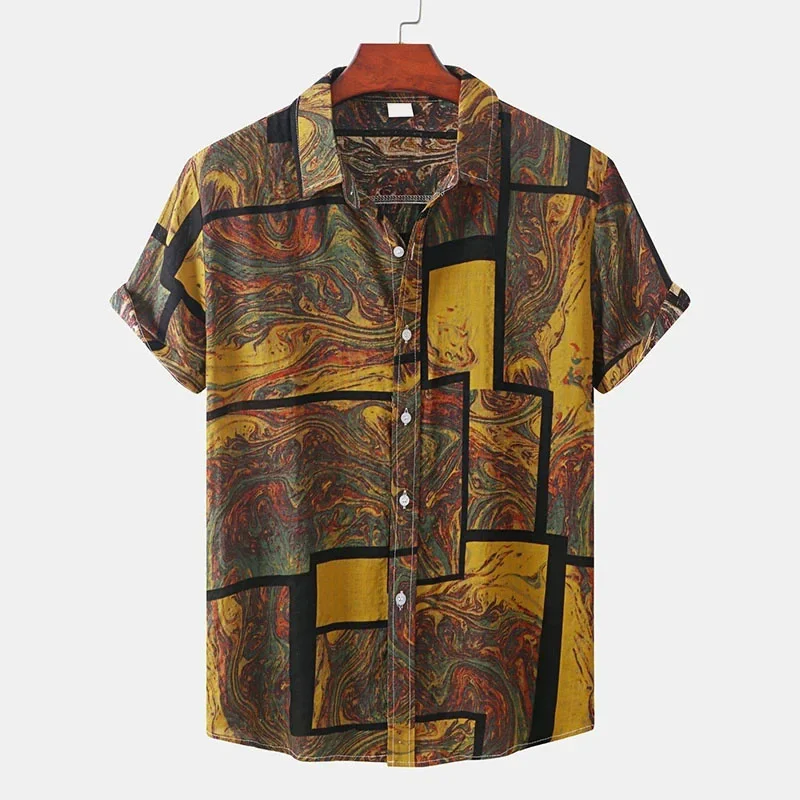 3D Print Floral Leaf Hawaiian Shirt For Men Square Splicing Pattern Aloha Shirts Summer Beach Casual Short Sleeve Street Blouse