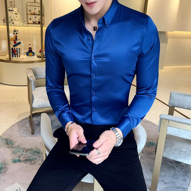 Mens Shirst High Quality Long-sleeved Casual Slim Solid Color Formal Blue Shirt Collar Embroidery Business Social Men Clothing