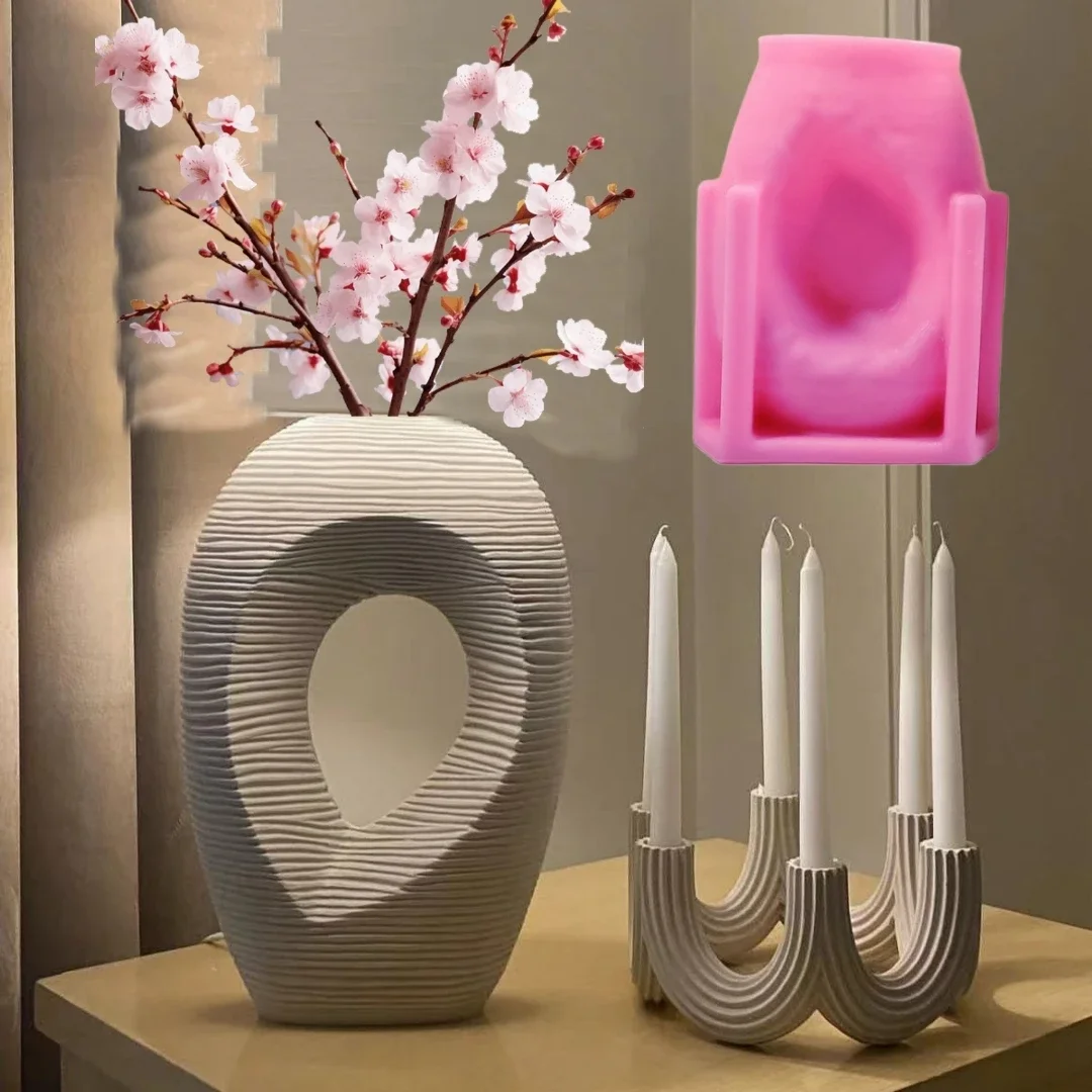 Large Irregular striped geometric shape vase resin silicone mold vase concrete cement mold table lamp base gypsum mold