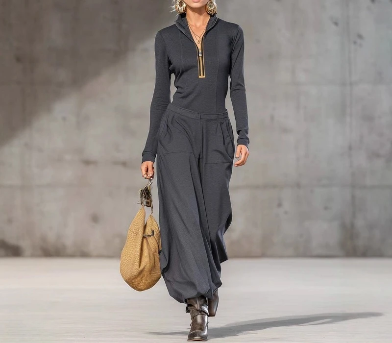 

Осень 2025 г., лоскутный пуловер на молнии, топ с широкими брюками, женский повседневный комплект из двух предметов с длинными рукавами и воротником-стойкой для праздника