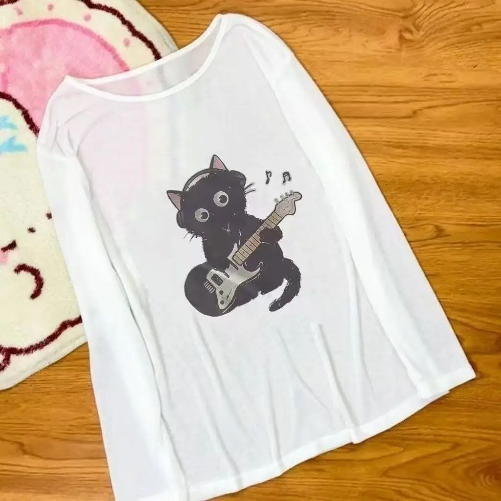 Women Sheer Long Sleeve Sun Protection Tops White Round Neck Cute Black Cat Guitar Print Thin Loose Breathable Summer Cover Tee
