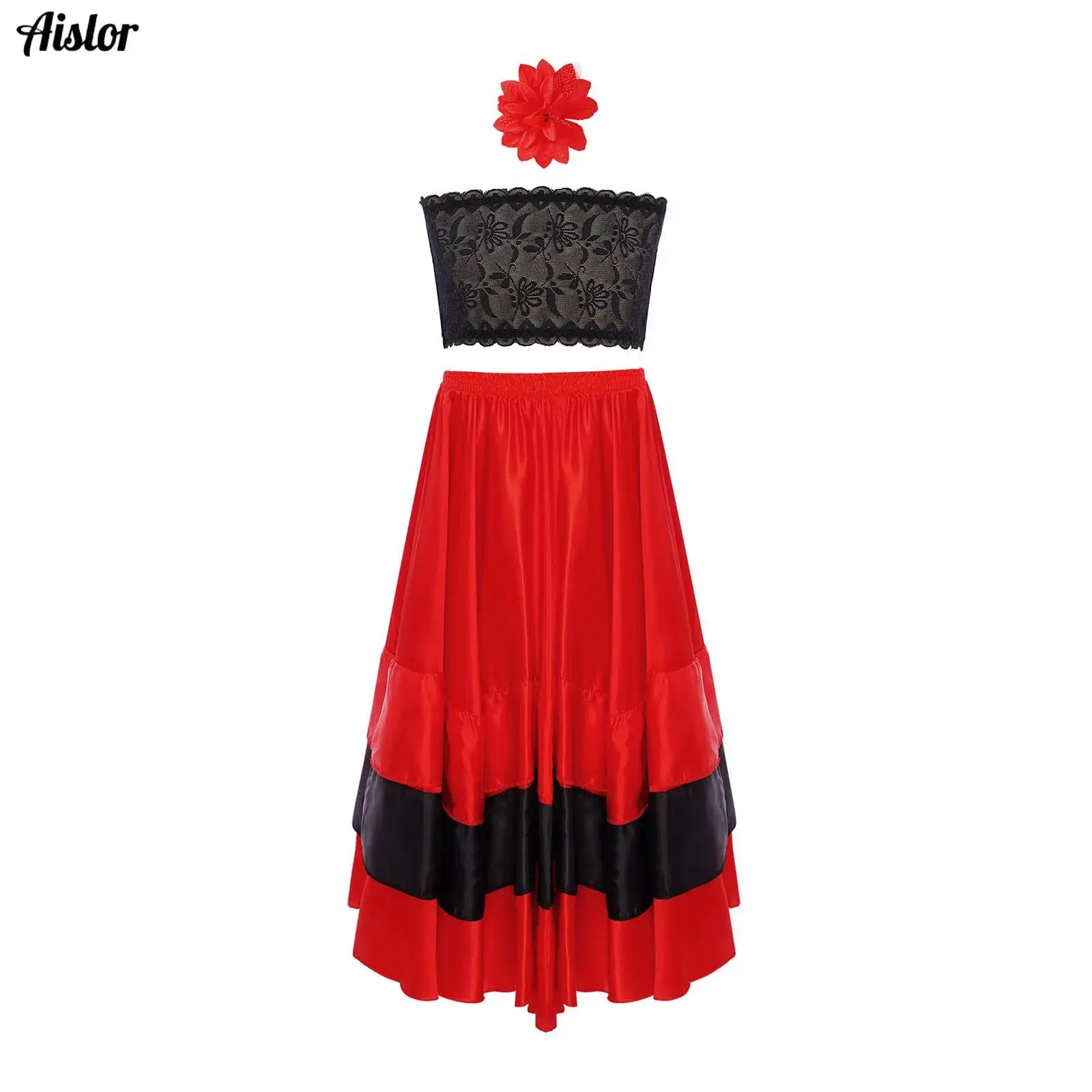 

Kids Girls Flamenco Dance Spanish Costume 180/360 Degree Lace Tube Top+Contrast Color Tiered Ruffle Wide Hemline Skirt+Headwear