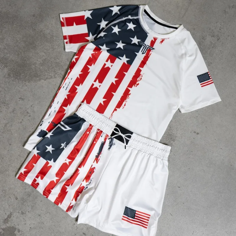

2026 New Y2K American Street Flag Style Sweatsuit, High Elastic Quick-Drying Short-Sleeve Shorts, Unisex Fitness Sportswear