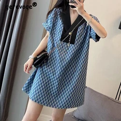 Summer Women Checkerboard Print Patchwork Chic Y2K Streetwear Midi Dress Korean Style V Neck Short Sleeve Loose Dresses Vestidos