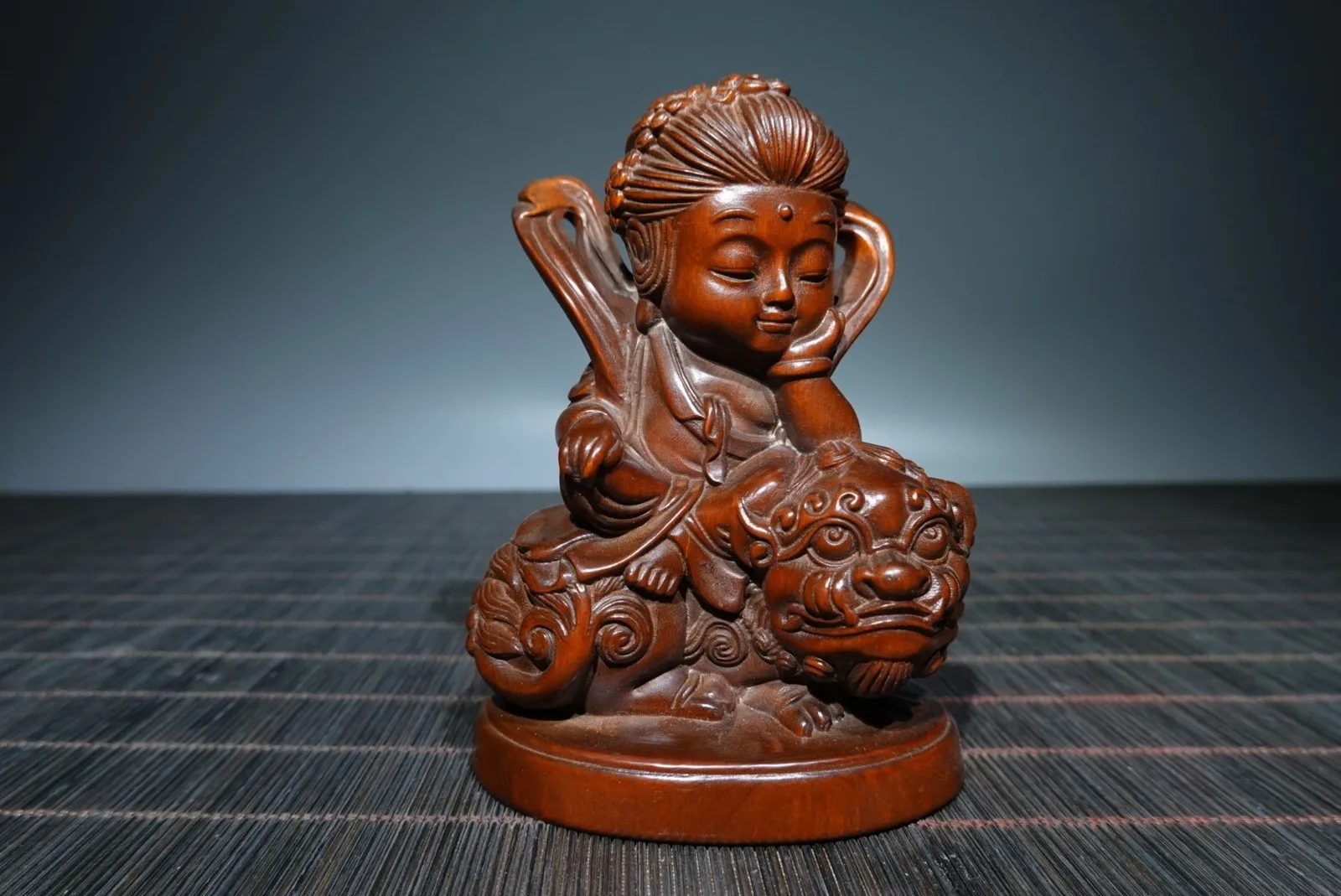 Handcrafted Wood Carving Manjushri Wenshu Buddha Wooden Statue Decor Excellent