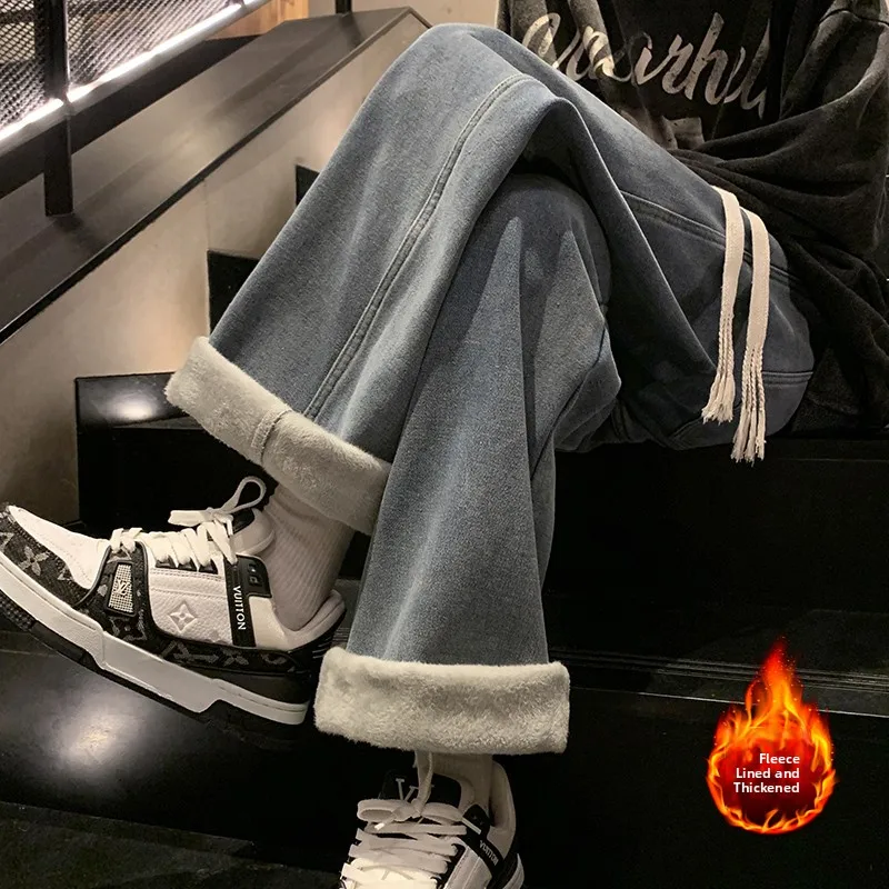 

Retro American Fce Lined Men's Jeans Oversize High Street Trend Loose Straight Leg Winter Faion Youth Thiened Warm
