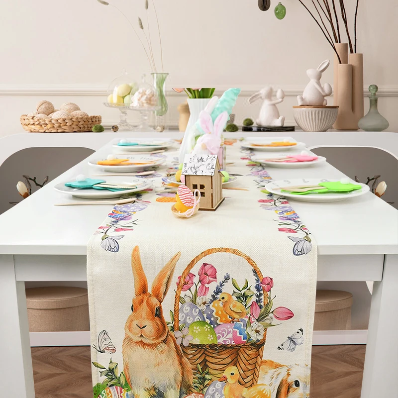 Easter Rabbit Table Runner Cartoon Rabbit Carrot Egg Dining Table Cloth Spring Easter Party Decor for Home Kitchen Table Decor