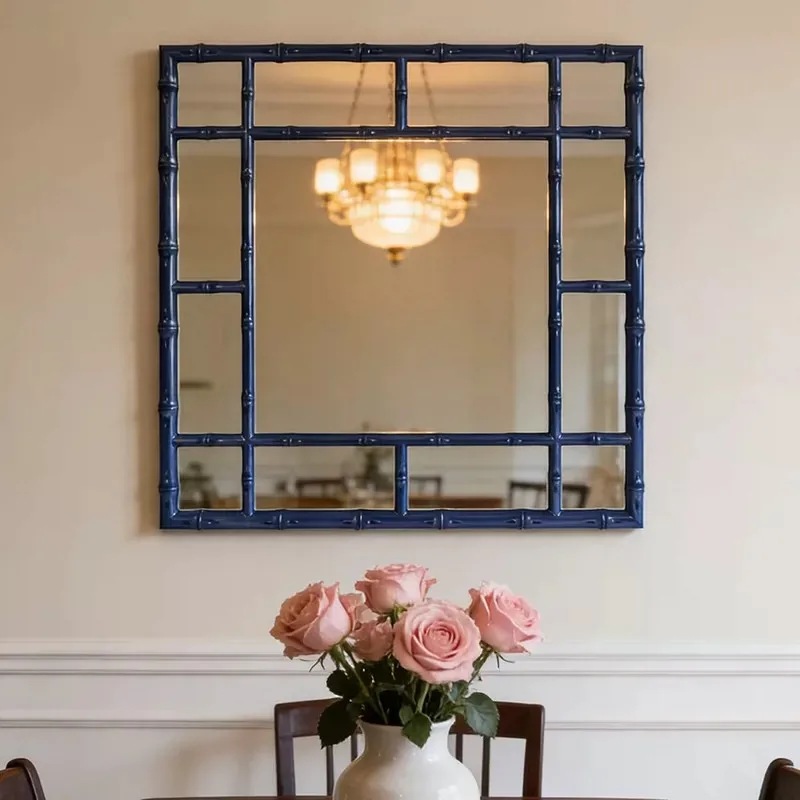 American Vintage Square Mirror Bamboo Frame Wall Decor Mirror for Bathroom, Entryway & Fireplace