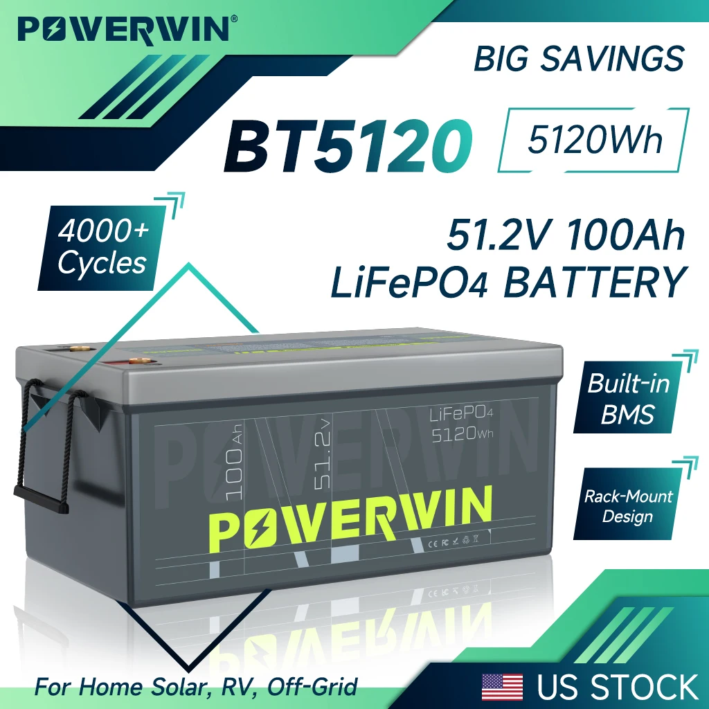 

POWERWIN BT5120 51.2V 100Ah 5120Wh LiFePO4 аккумулятор Встроенная BMS Глубокие циклы Солнечная перезаряжаемая Прочный eBike мотоцикл Скутер