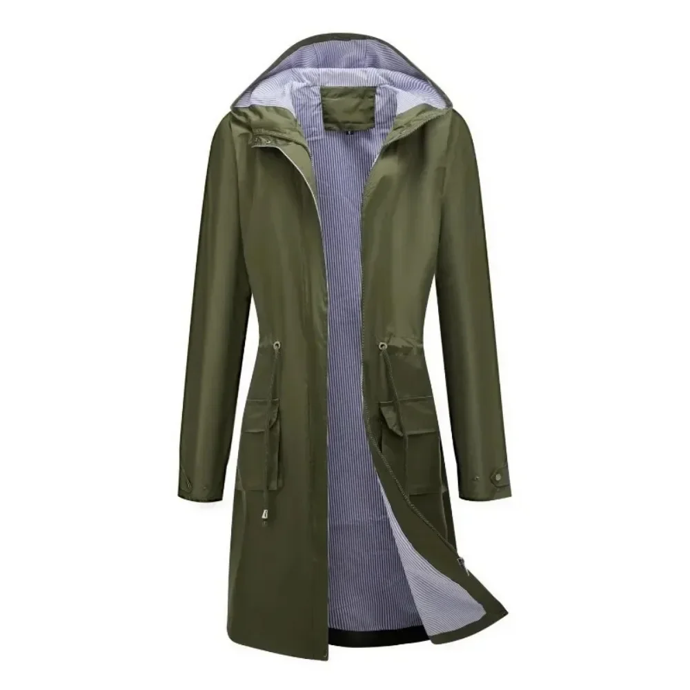 Damen-Trenchcoat für Frühling und Herbst, lang, lässig, wasserdicht, mit Kapuze, einfarbig, gestreift, Futter, schmaler Mantel, wasserabweisende Kapuze