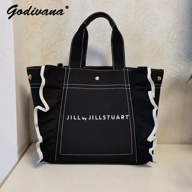 New Japanese Style Large Capacity Black Canvas Bag Embroidered Letters Artistic Horizontal Leisure One Shoulder Tote Women\'s Bag