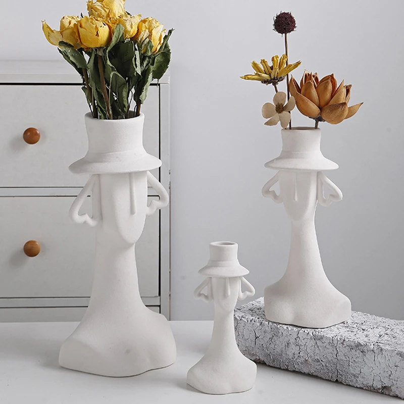 

White Face Ceramic Vase Human Head Potted Plant Hydroponic Flower Arrangement Room Character Flower Arranger Dining Table Vase