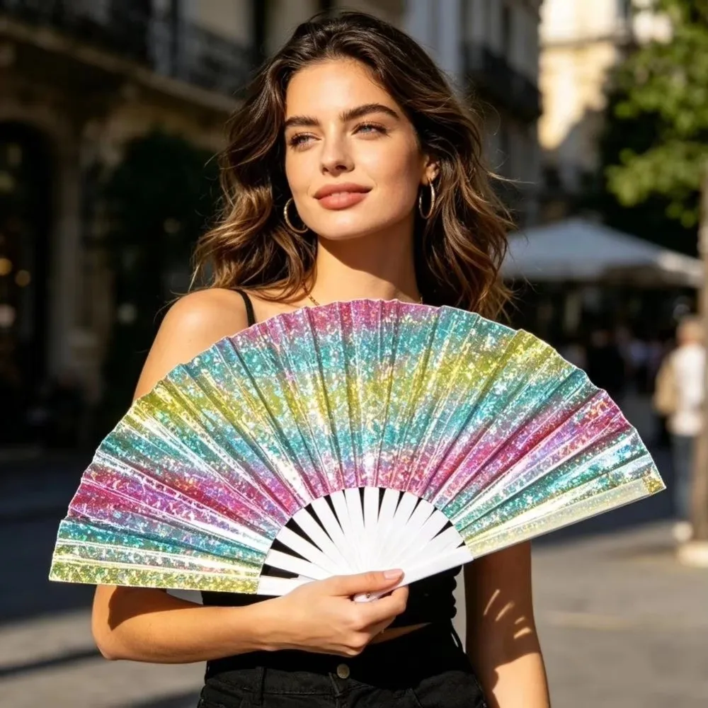 Portable Holographic Effect Folding Fan Large Size Iridescent Finish Cooling Fan Party Decoration Stage Props Party Fan Summer
