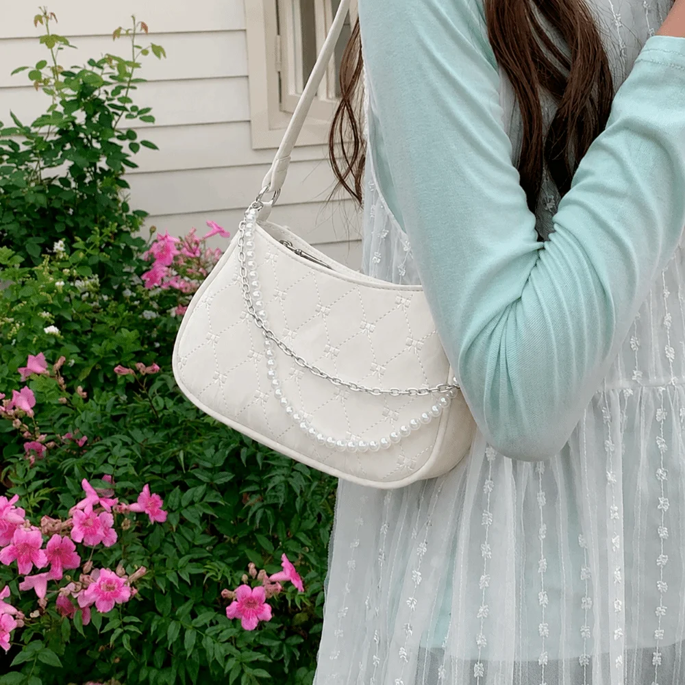 Fashion Pearl Chains Shoulder Bag Bow-knot Embroidery Sweet Armpit Bag All-match Leather Crossbody Bags Womens