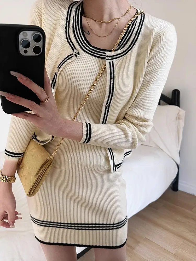 

Fall Winter New Style Short Sleeveless Knitted Dress Set Women's Fashion Slimming High Waist Two Piece Set Chinese Style Casu...