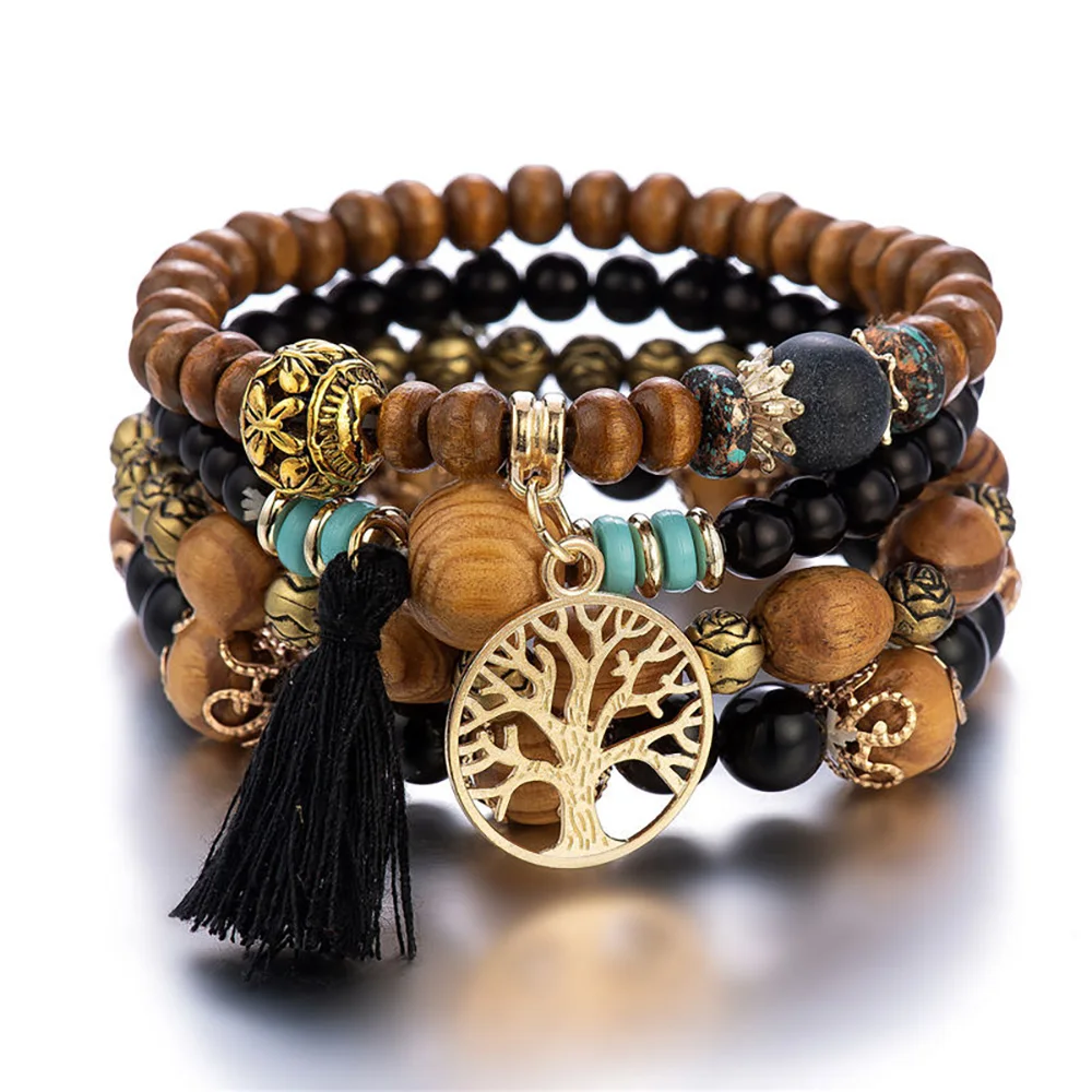 Ensemble de bracelets faits à la main pour femmes, perles en bois, breloque arbre de vie, fleur rose, bijoux bohèmes, cadeau pour filles, 4 pièces par ensemble