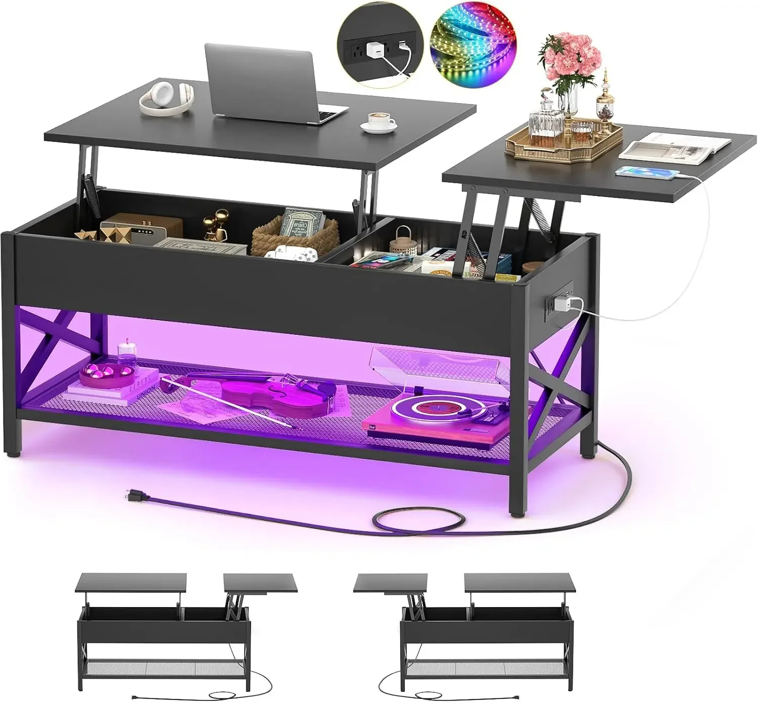 Mesa de centro elevable negra con luz LED, tomas de corriente y estante de almacenamiento, 41,7" de ancho x 19,69" de largo x 19,7" de alto