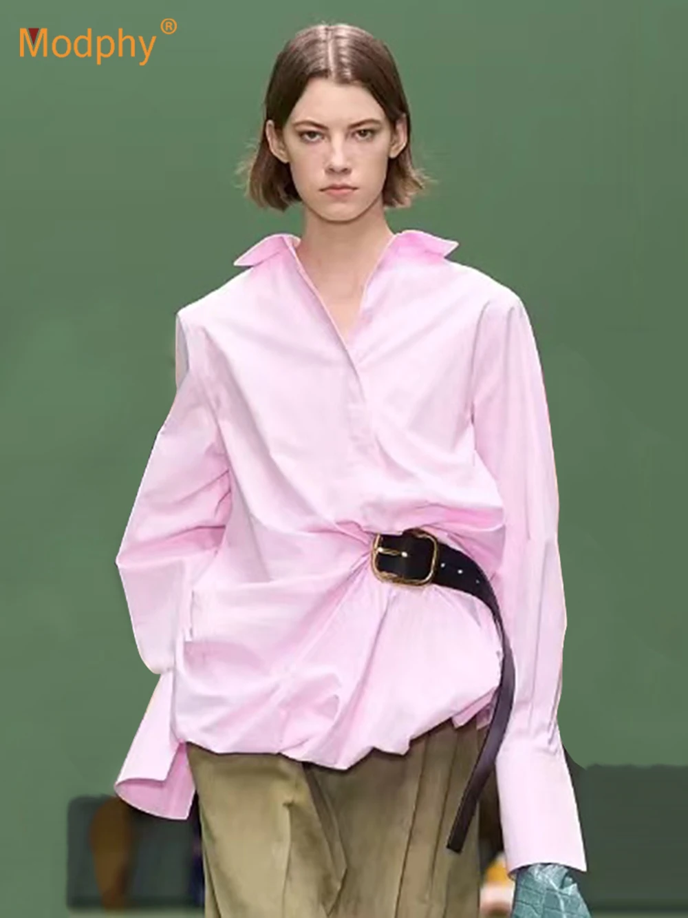 

Modphy White Pink Shirt Women Belt Buckle Design Long Sleeve Lapel Blouse Fashion Loose Top Female Casual Shirt 2025