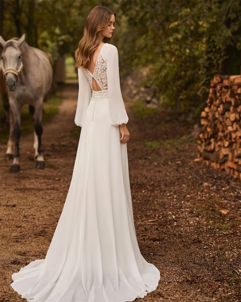 Customized  Elegant White Chiffon Wedding Dress with O-Neck Long Sleeves Sexy Court Train Backless Special Occasion Gowns