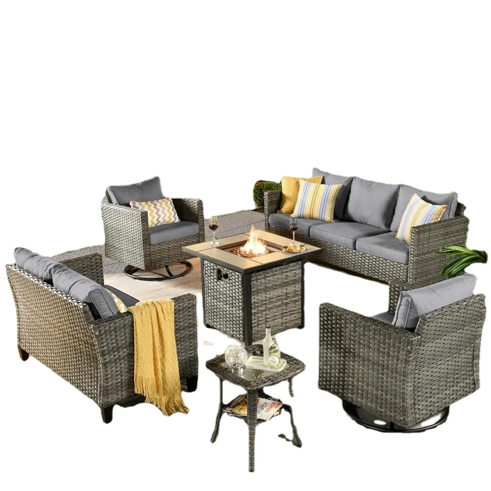 Outdoor Sofa Set of 6 with Rocking Swivel Chairs Square Fire Pit Table, Patio Furniture Set 6 Piece Outdoor Sectional Sofa Set