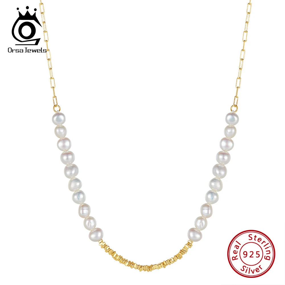 ORSA JEWELS 14K Gold Nugget Chain Necklace 925 Sterling Silver Cultured Freshwater Pearl Necklace Vintage Jewelry for Women GPN6