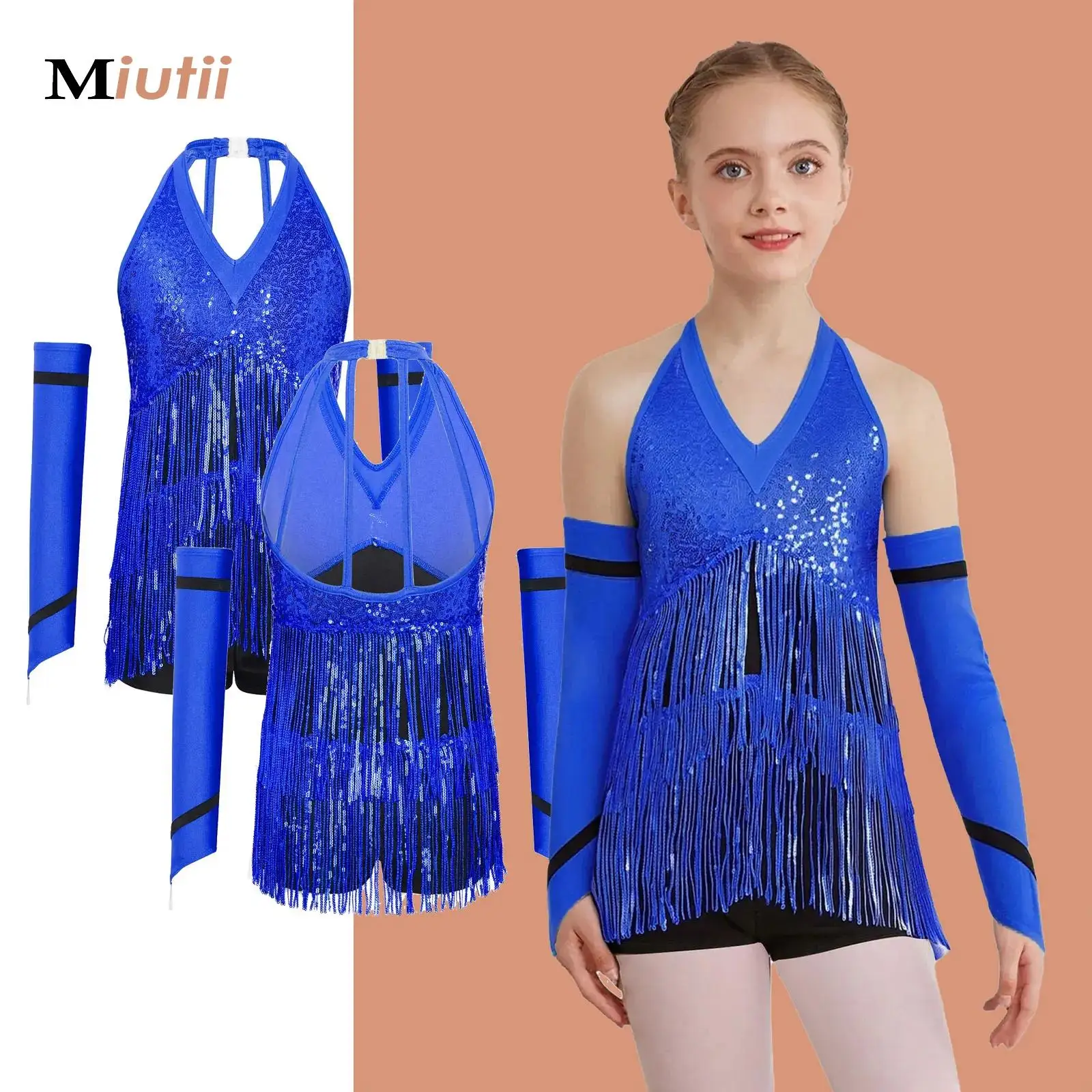 

Kids Girls Ballet Dance Jersey Gymnastics Leotard Sequins Fringe Bodysuit Unitard+Gloves for Figure Skating Dance Performance