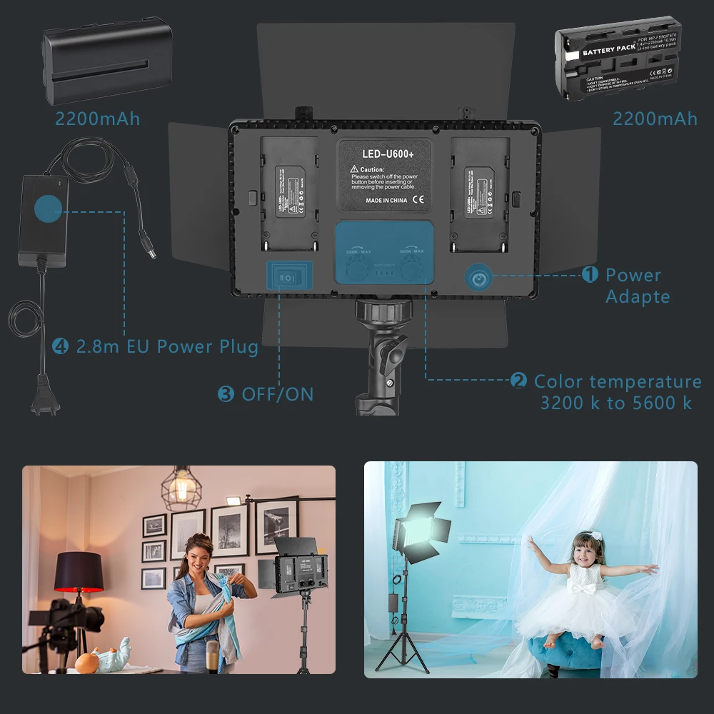 Nagnahz U800 + LED 비디오 라이트 사진 스튜디오 램프 삼각대 스탠드로 디밍 가능 비디오 녹화 램프에 대한 원격 제어 야외 사진 배터리로 빛 채우기