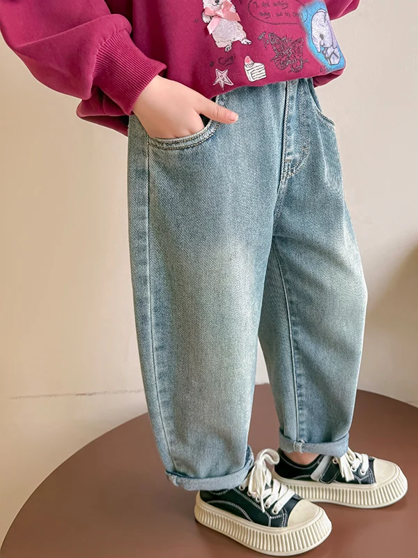 Pantalons en jean imprimés de dessins animés pour filles, nouveaux pantalons décontractés à la mode pour enfants, pantalons longs amples à taille haute pour bébé