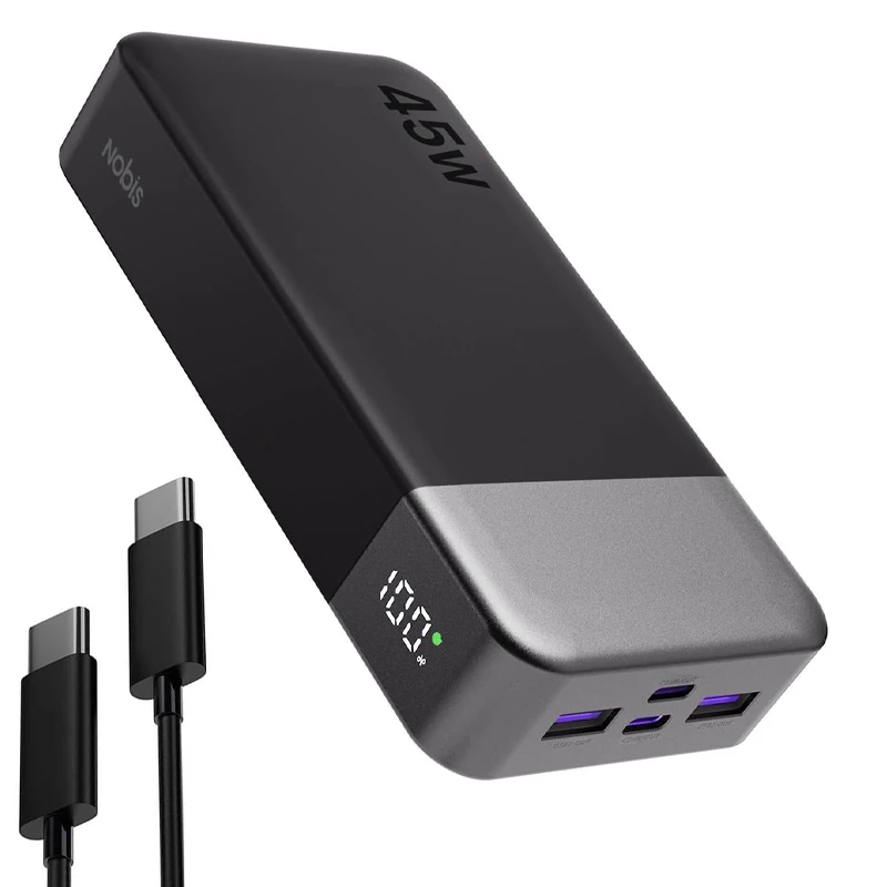 NOBIS 45W, przenośna ładowarka z akumulatorem 20000 mAh, z portem USB-C do ładowania i rozładowywania, szybkie ładowanie, 4 porty, zewnętrzny akumulator z cyfrowym wyświetlaczem LED, kompatybilny z