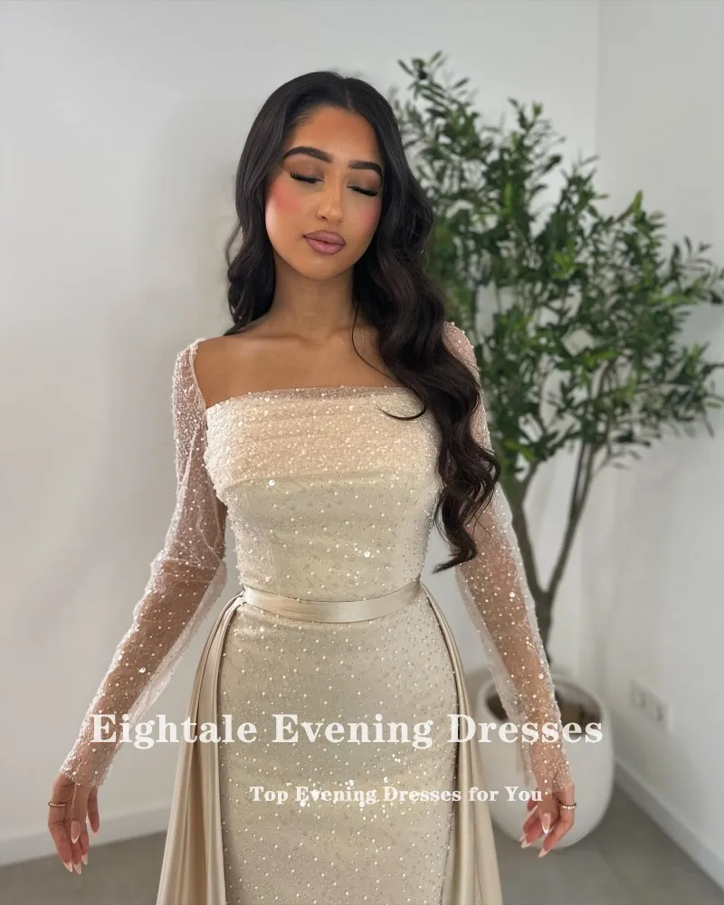 Eightale Luxury Evening Dresses Long Sleeves Sequin Mermaid Prom Gown with Detachable Skirt Customized Wedding Party Dress