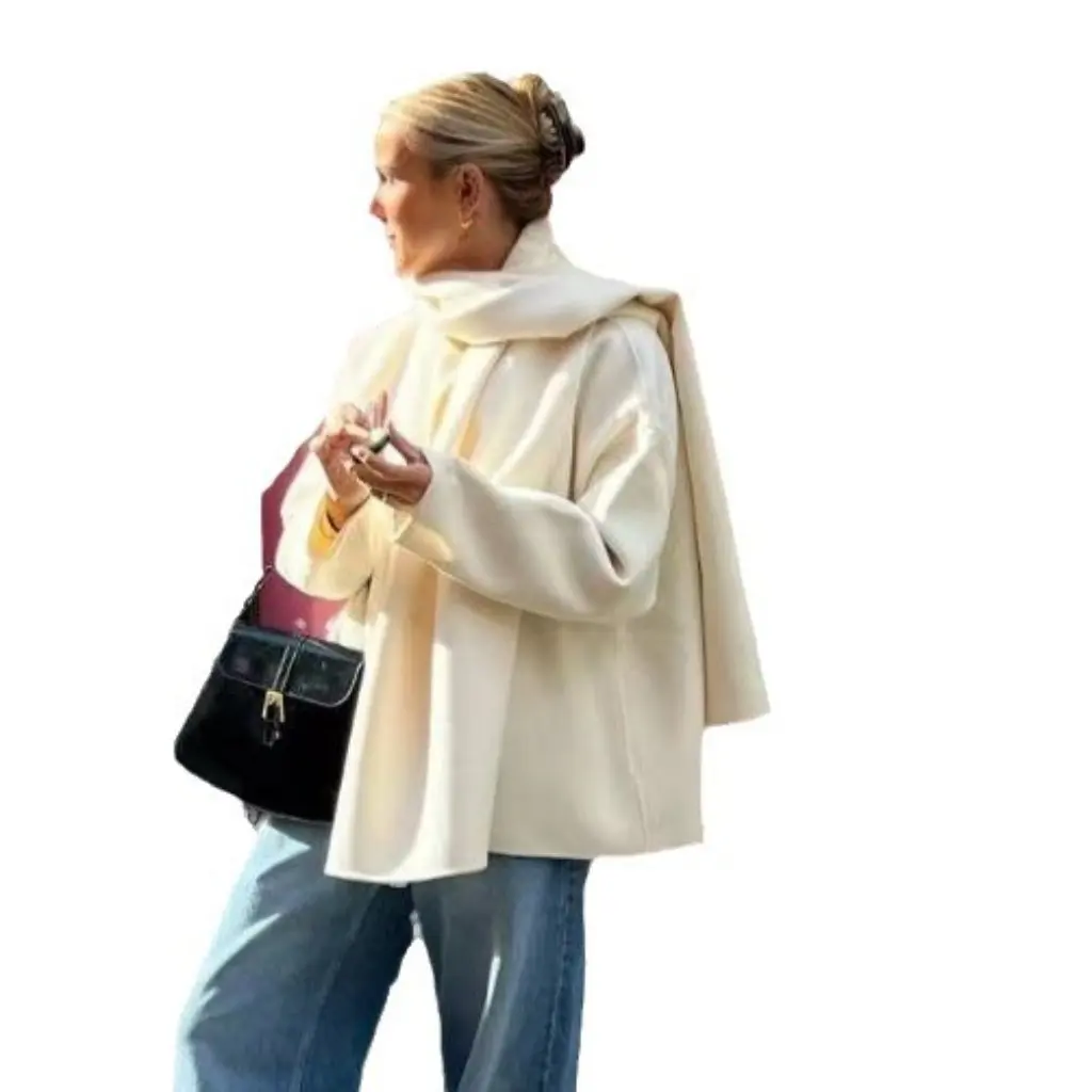 

Women's Double-Sided Woolen Coat Street Fashion Fall European American Style with Scarf Casual Outerwear