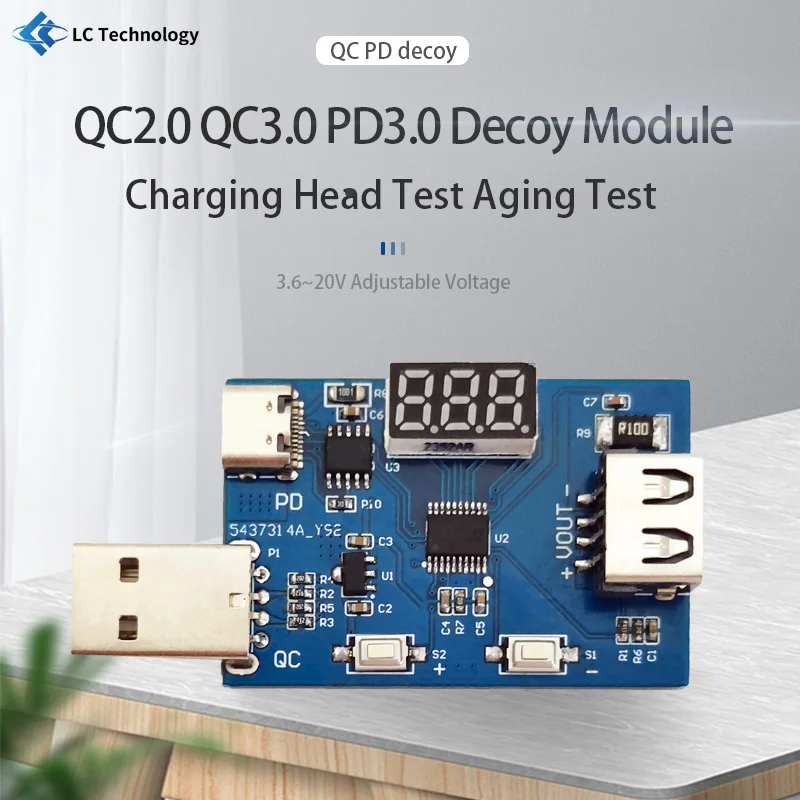 QC2.0 QC3.0 PD3.0 Decoy Module 3.6~20V Adjustable Voltage 3 Modes Charging Head Aging Test