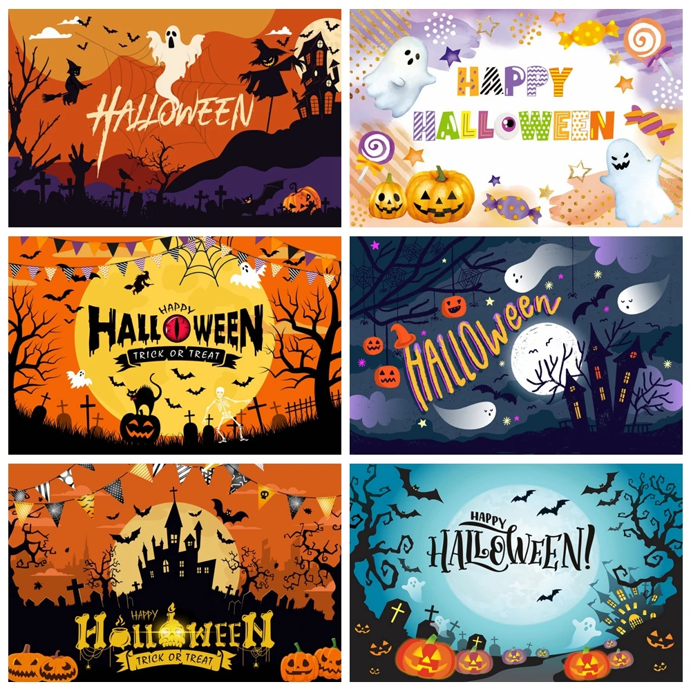 

Cartoon Halloween Themed Photography Backdrop Castle Pumpkin Flying Bat Under Moonlight Kid Family Party Background Photo Studio