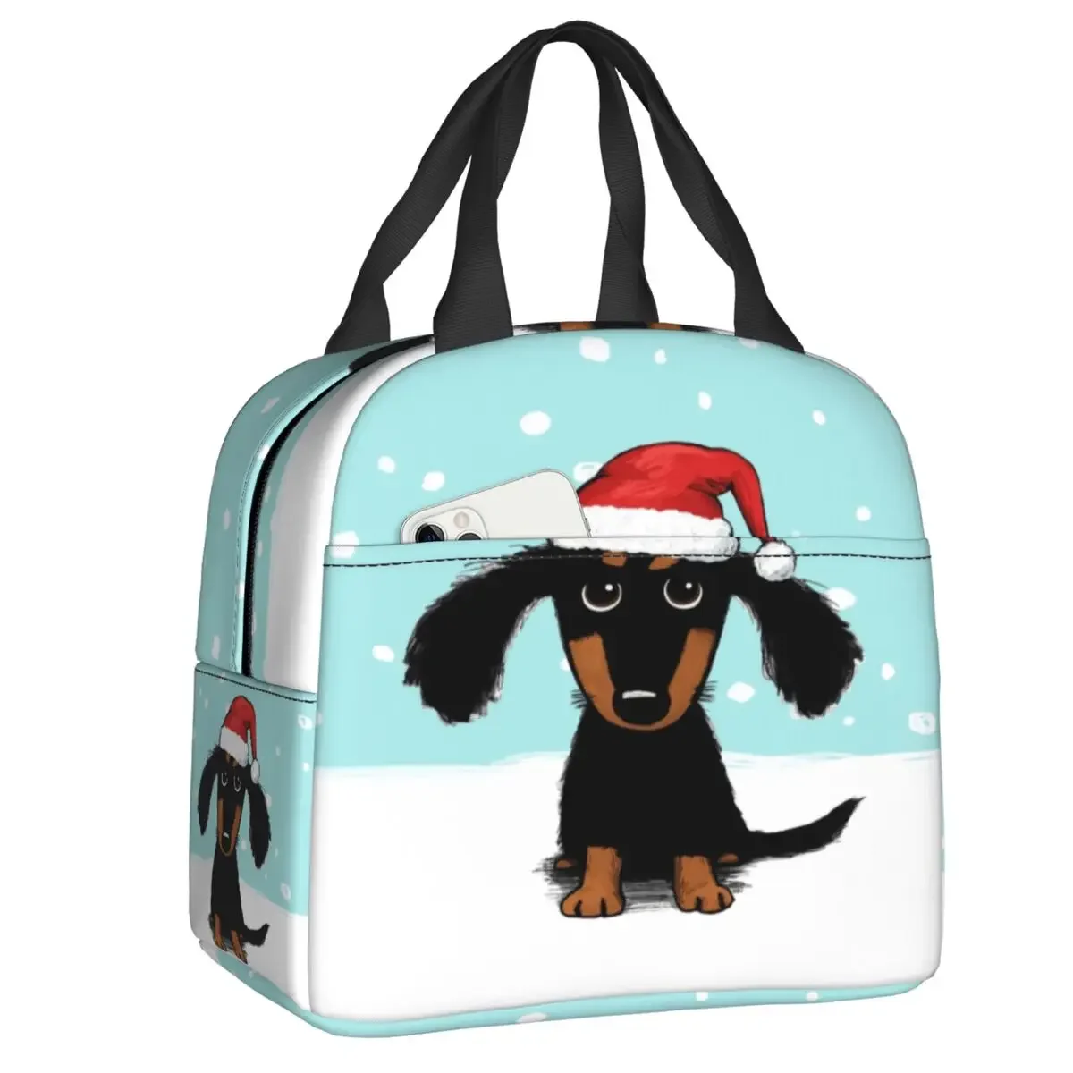 Happy Snow Dachshund Thermal Insulated Lunch Bags Women Cute Wiener Dog Lunch Tote for Work School Travel Multifunction Food Box