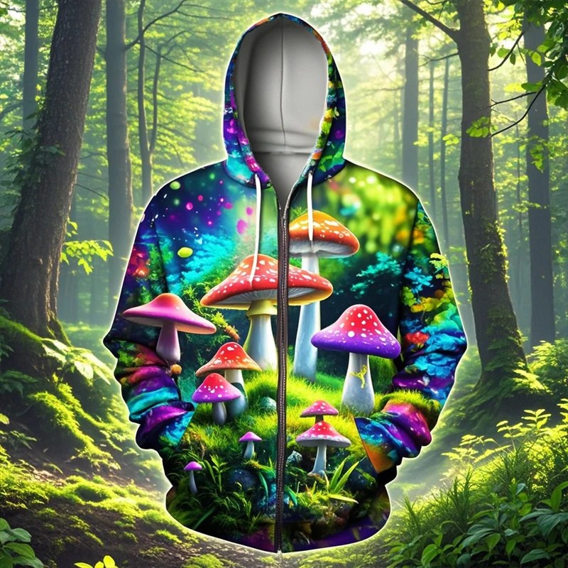 الملونة ماجيك الفطر ثلاثية الأبعاد طباعة قلنسوة بسحاب الرجال النساء قمصان سويت شيرت بقلنسوة المتضخم رياضية البلوز رجل معطف الملابس