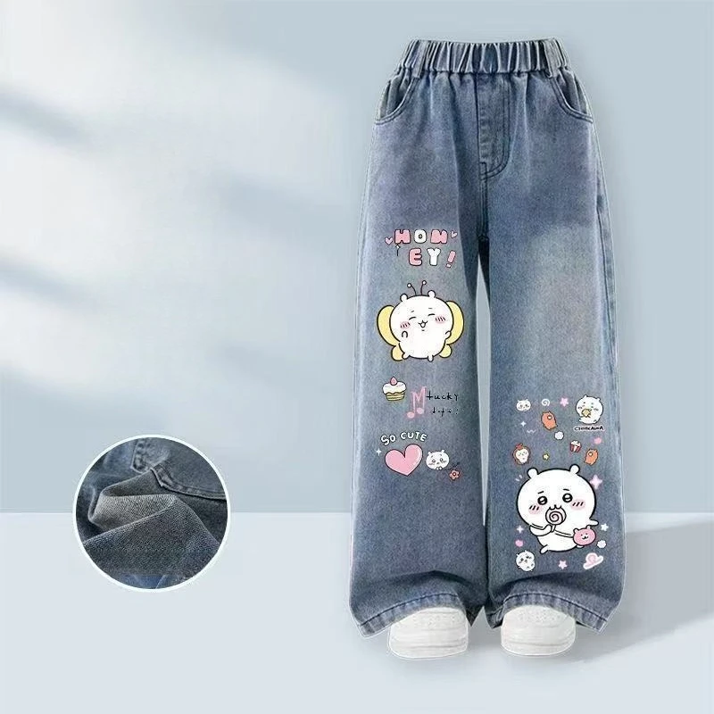Cartoon Kawaii Girl Jeans Fleece-lined Autumn Winter Straight Leg Wide Leg Pants Comfortable Thicken Wear-resistant New Chiikawa