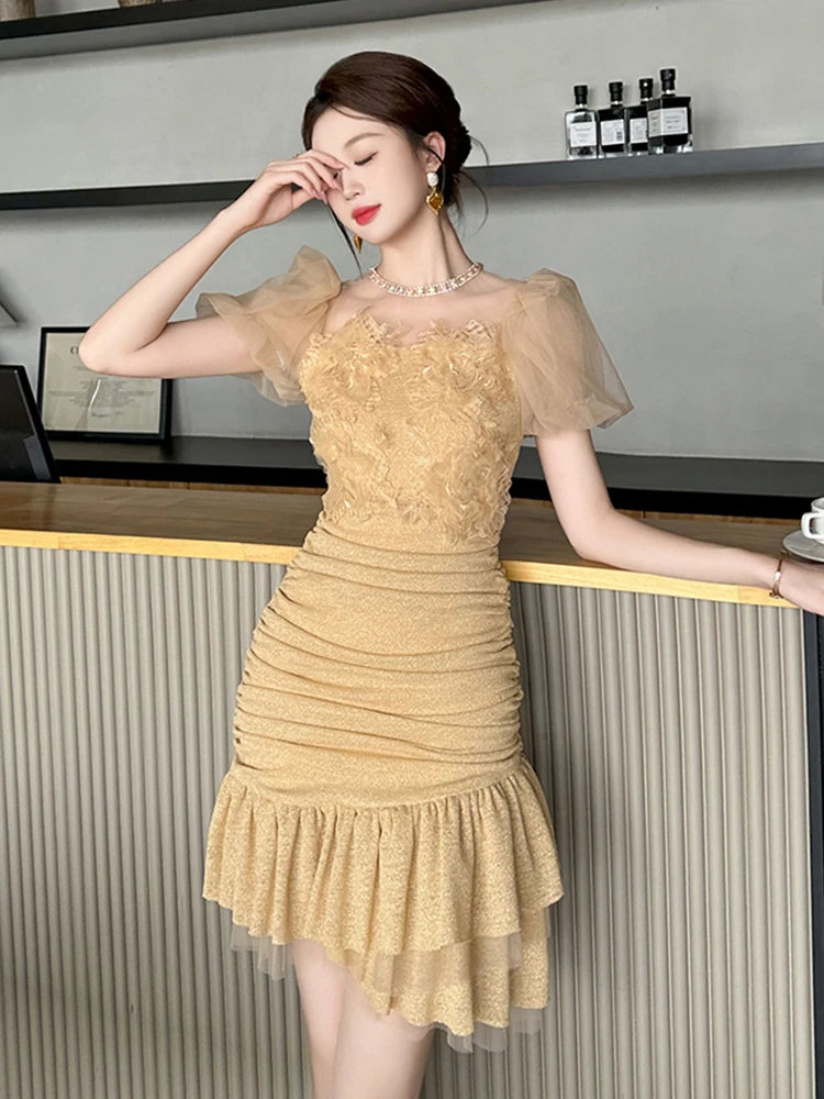 French Quality Birthday Party Dress Women Chic Sheer Mesh Bright Silk Folds Wrap Hip Ruffles Fishtail Gown Femme Prom Vestidos