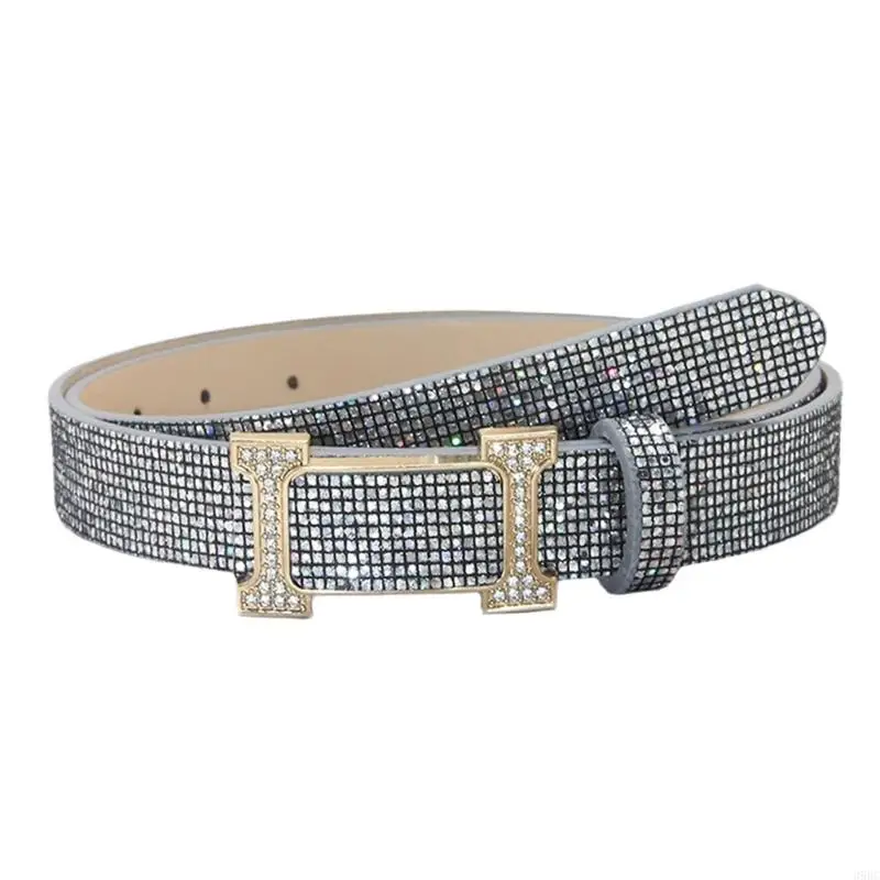

39BC Rhinestones PU Waist Belt Adjustable Metal Buckles Waistband for Women Daily Wear