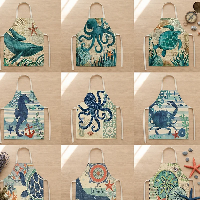 

Vintage Ocean Marine Animal Print Kitchen Apron Women Sea Turtle Octopus Linen Sleeveless Bib Home Cooking Cleaning Pinafore