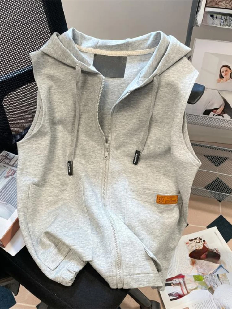 Preppy Style Hoodies Solid Color Pockets Zipper Sleeveless Vests Sweatshirts Simple Plus Size All Match Vintage Women Clothing