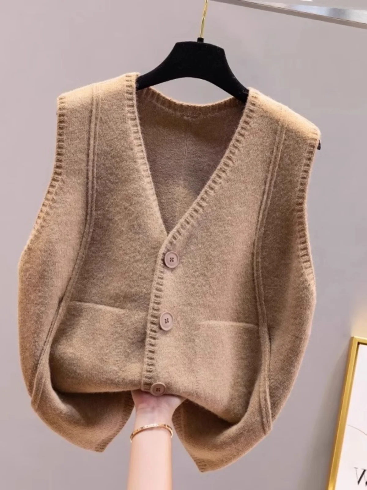 

Модный шерстяной свитер Camere, жилет, открытый кардиган, верхняя одежда, осень-зима, с v-образным вырезом, на одной пуговице, однотонный, для поездок на работу