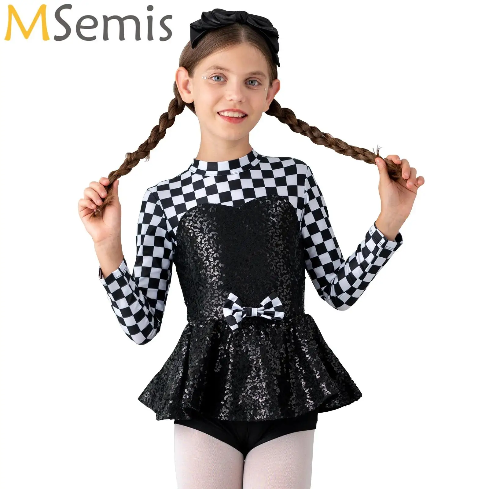 Kids Girls Racer Car Driver Costume Sequin Checkerboard Printed Bodysuit for Halloween Circus Clown Cosplay Dress Up Performance