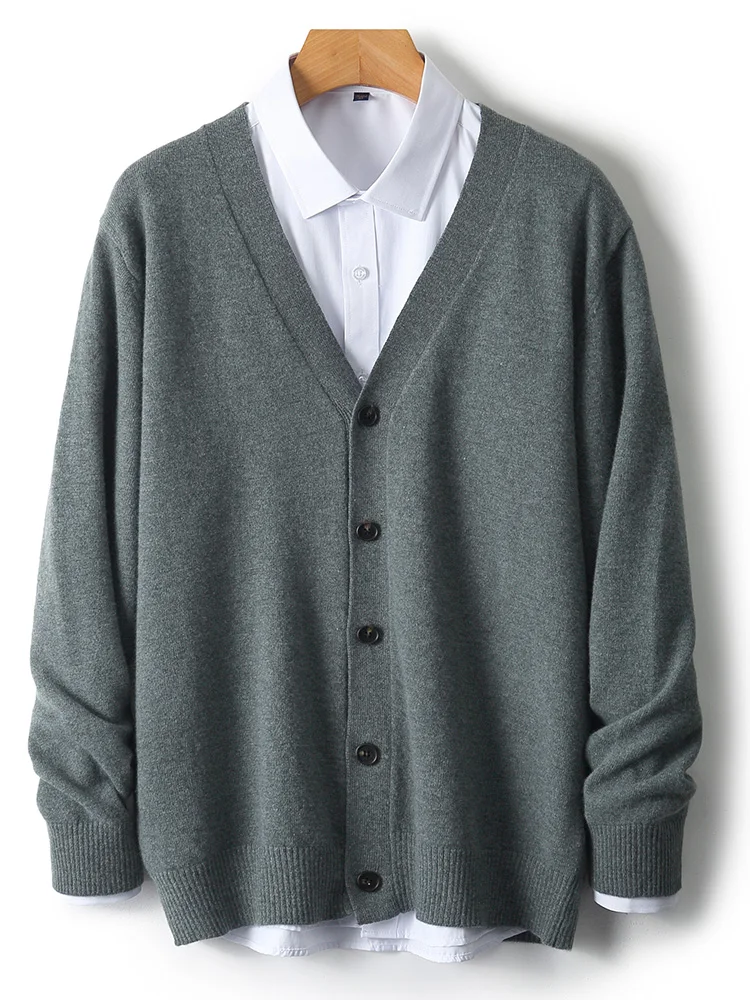 

100% Merino Wool Men's V-neck Cardigan Autumn Winter Casual Fashion Soft Button Knit Wool Sweater
