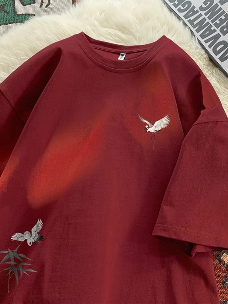 Summer Men's Loose Fit ort Sve T-irt Crane Print Wine Red f Sve Trendy Clothing Breathable Cotton round Ne
